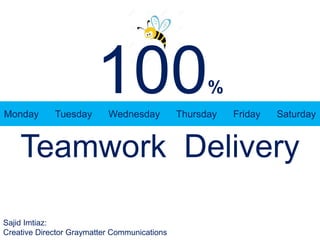 Monday Tuesday Wednesday Thursday Friday Saturday
100%
Teamwork Delivery
Sajid Imtiaz:
Creative Director Graymatter Communications
 