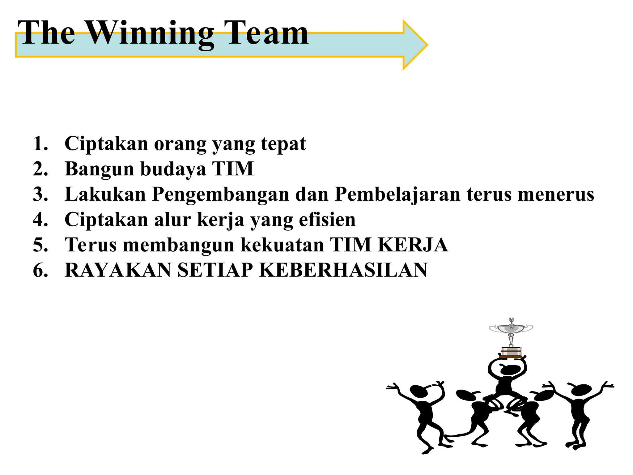 The Winning Team
1. Ciptakan orang yang tepat
2. Bangun budaya TIM
3. Lakukan Pengembangan dan Pembelajaran terus menerus
4. Ciptakan alur kerja yang efisien
5. Terus membangun kekuatan TIM KERJA
6. RAYAKAN SETIAP KEBERHASILAN
 