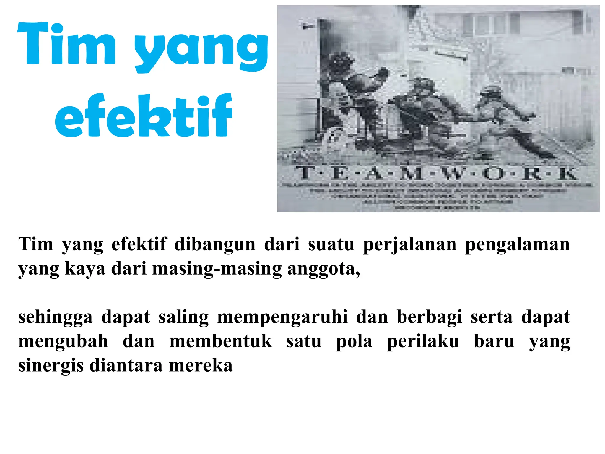 Tim yang
efektif
Tim yang efektif dibangun dari suatu perjalanan pengalaman
yang kaya dari masing-masing anggota,
sehingga dapat saling mempengaruhi dan berbagi serta dapat
mengubah dan membentuk satu pola perilaku baru yang
sinergis diantara mereka
 