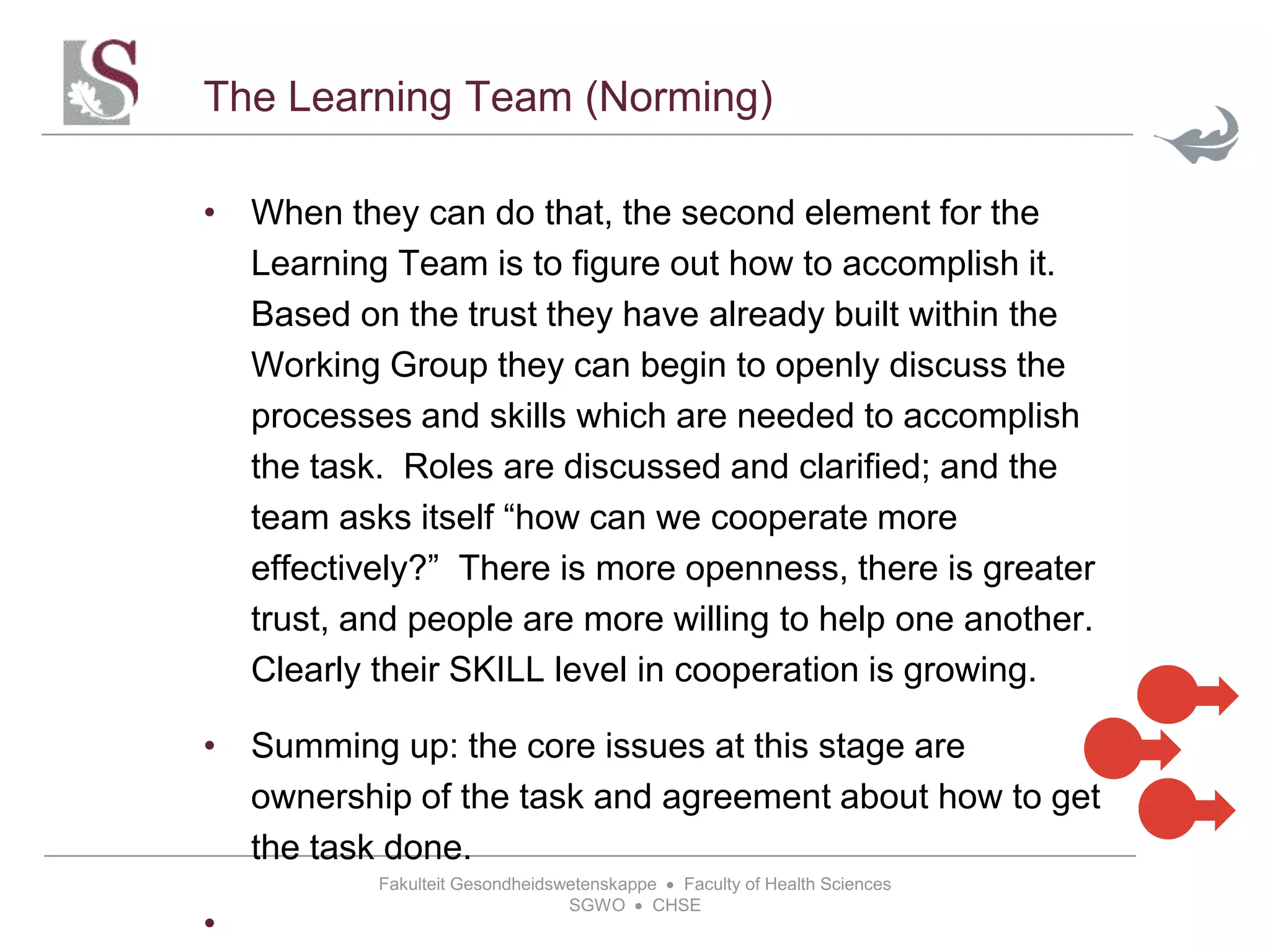 Fakulteit Gesondheidswetenskappe  Faculty of Health Sciences
SGWO  CHSE
The Learning Team (Norming)
• When they can do that, the second element for the
Learning Team is to figure out how to accomplish it.
Based on the trust they have already built within the
Working Group they can begin to openly discuss the
processes and skills which are needed to accomplish
the task. Roles are discussed and clarified; and the
team asks itself “how can we cooperate more
effectively?” There is more openness, there is greater
trust, and people are more willing to help one another.
Clearly their SKILL level in cooperation is growing.
• Summing up: the core issues at this stage are
ownership of the task and agreement about how to get
the task done.
•
 