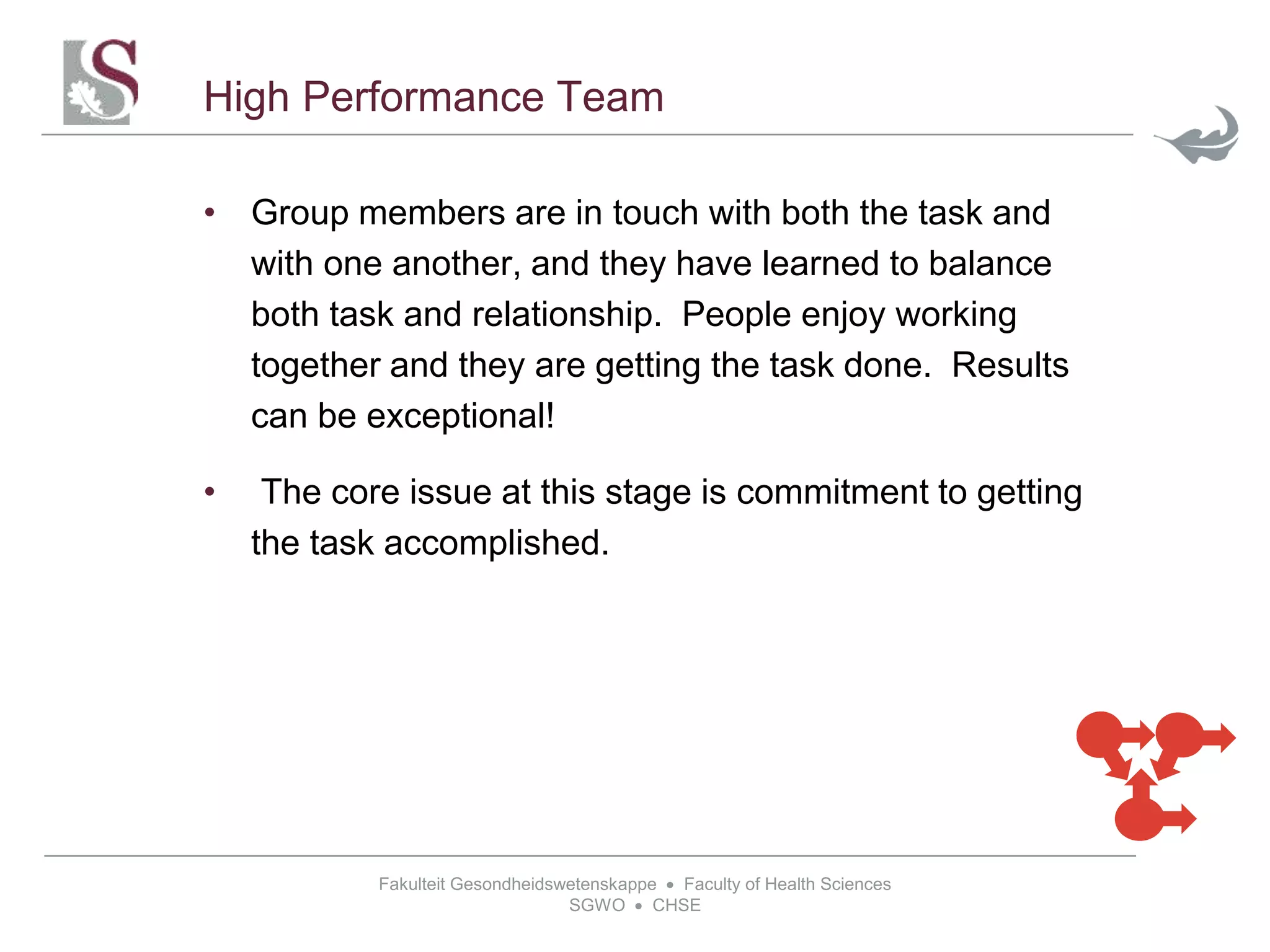 Fakulteit Gesondheidswetenskappe  Faculty of Health Sciences
SGWO  CHSE
High Performance Team
• Group members are in touch with both the task and
with one another, and they have learned to balance
both task and relationship. People enjoy working
together and they are getting the task done. Results
can be exceptional!
• The core issue at this stage is commitment to getting
the task accomplished.
 