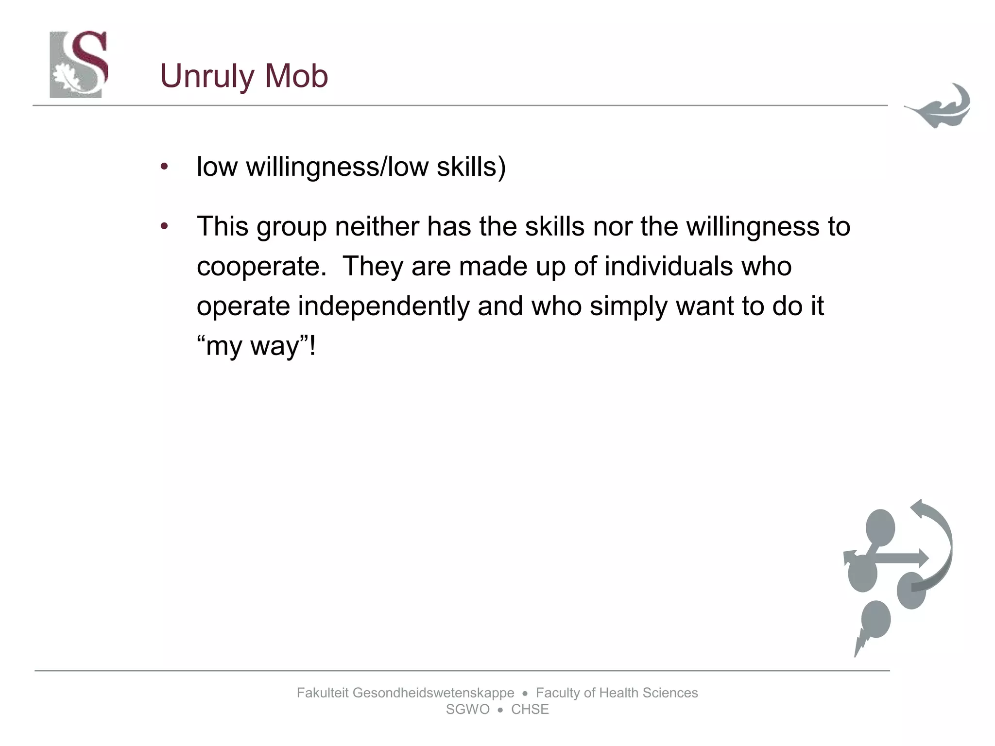 Fakulteit Gesondheidswetenskappe  Faculty of Health Sciences
SGWO  CHSE
Unruly Mob
• low willingness/low skills)
• This group neither has the skills nor the willingness to
cooperate. They are made up of individuals who
operate independently and who simply want to do it
“my way”!
 