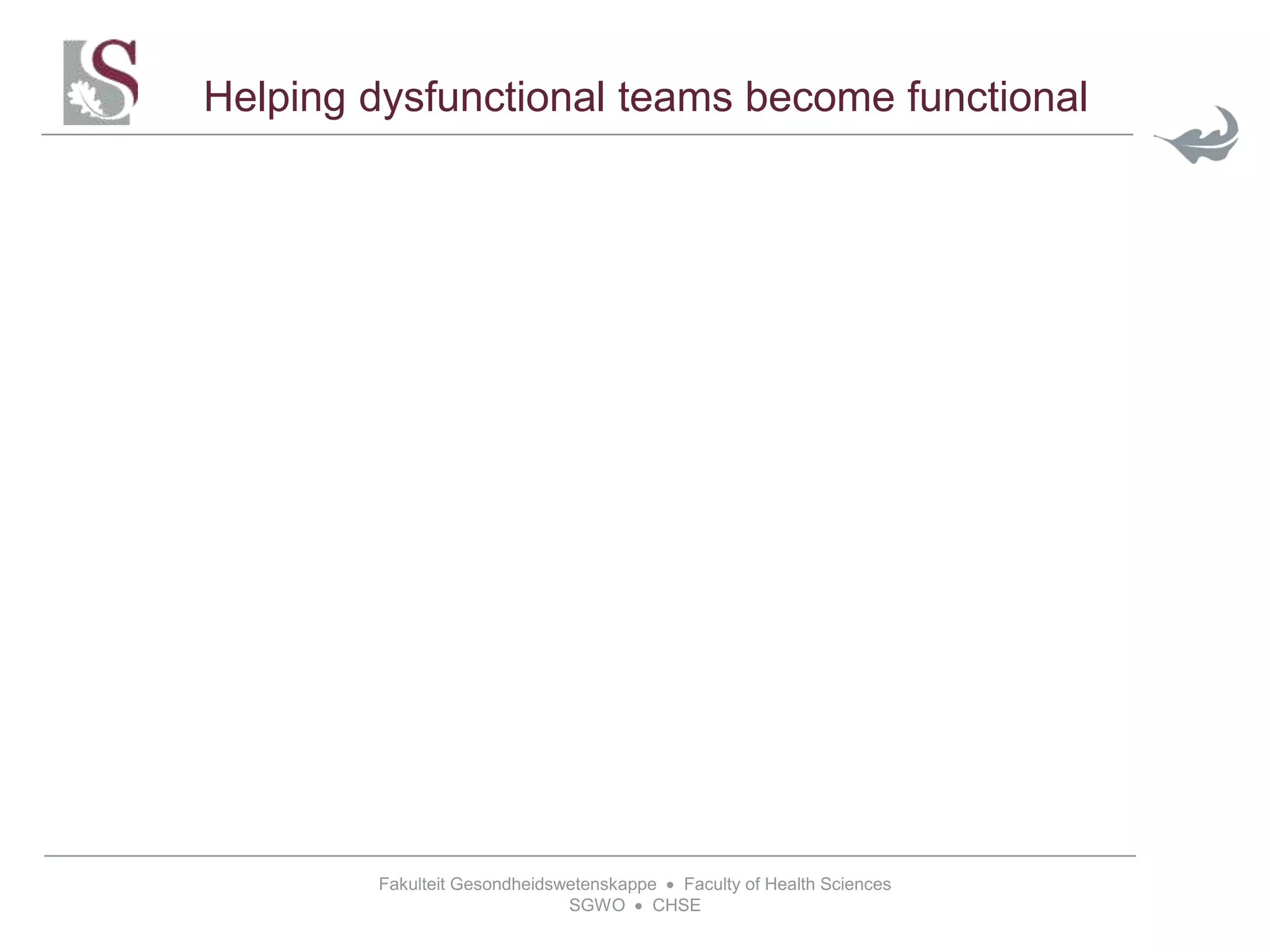 Fakulteit Gesondheidswetenskappe  Faculty of Health Sciences
SGWO  CHSE
Helping dysfunctional teams become functional
 