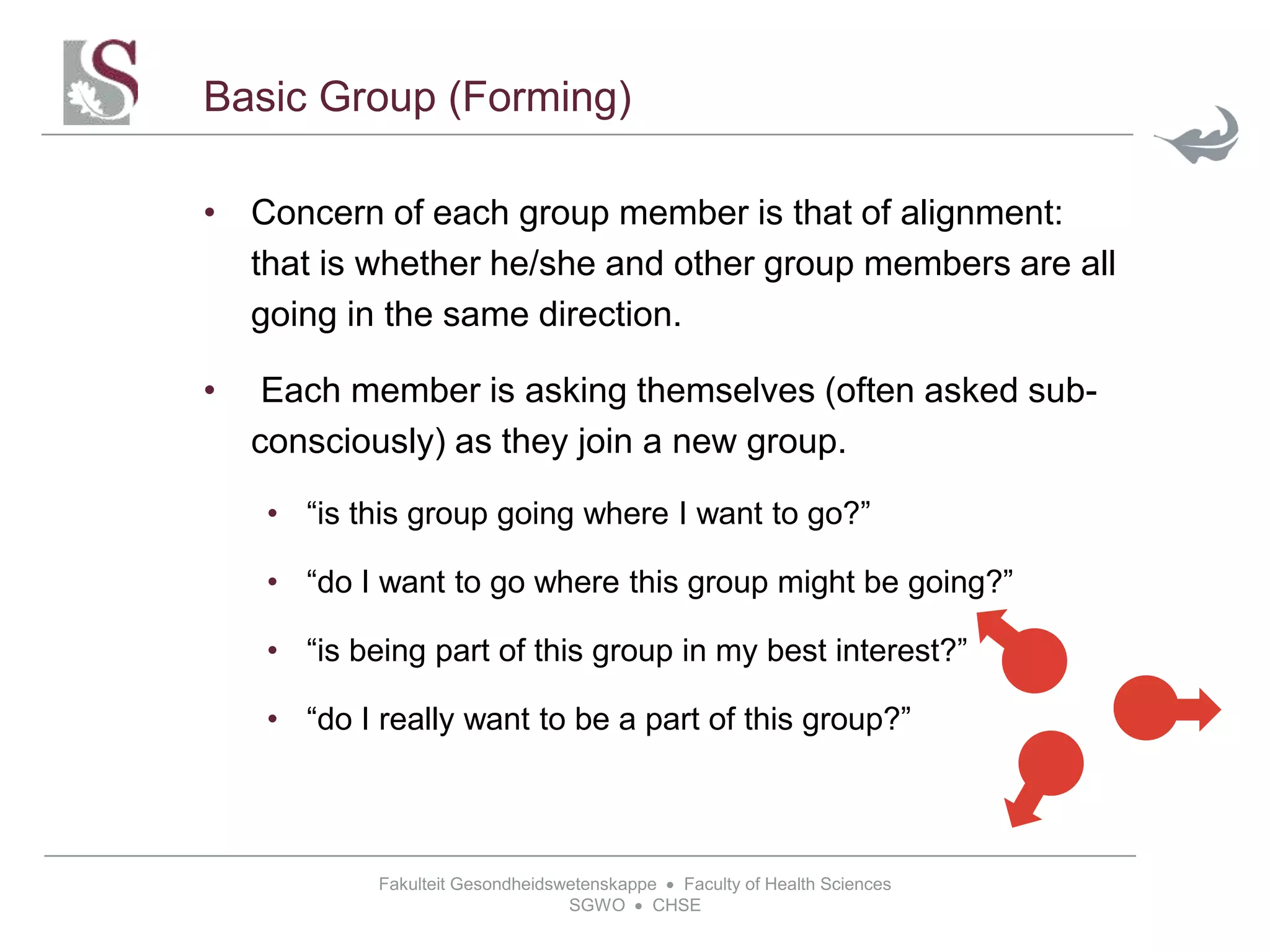 Fakulteit Gesondheidswetenskappe  Faculty of Health Sciences
SGWO  CHSE
Basic Group (Forming)
• Concern of each group member is that of alignment:
that is whether he/she and other group members are all
going in the same direction.
• Each member is asking themselves (often asked sub-
consciously) as they join a new group.
• “is this group going where I want to go?”
• “do I want to go where this group might be going?”
• “is being part of this group in my best interest?”
• “do I really want to be a part of this group?”
 