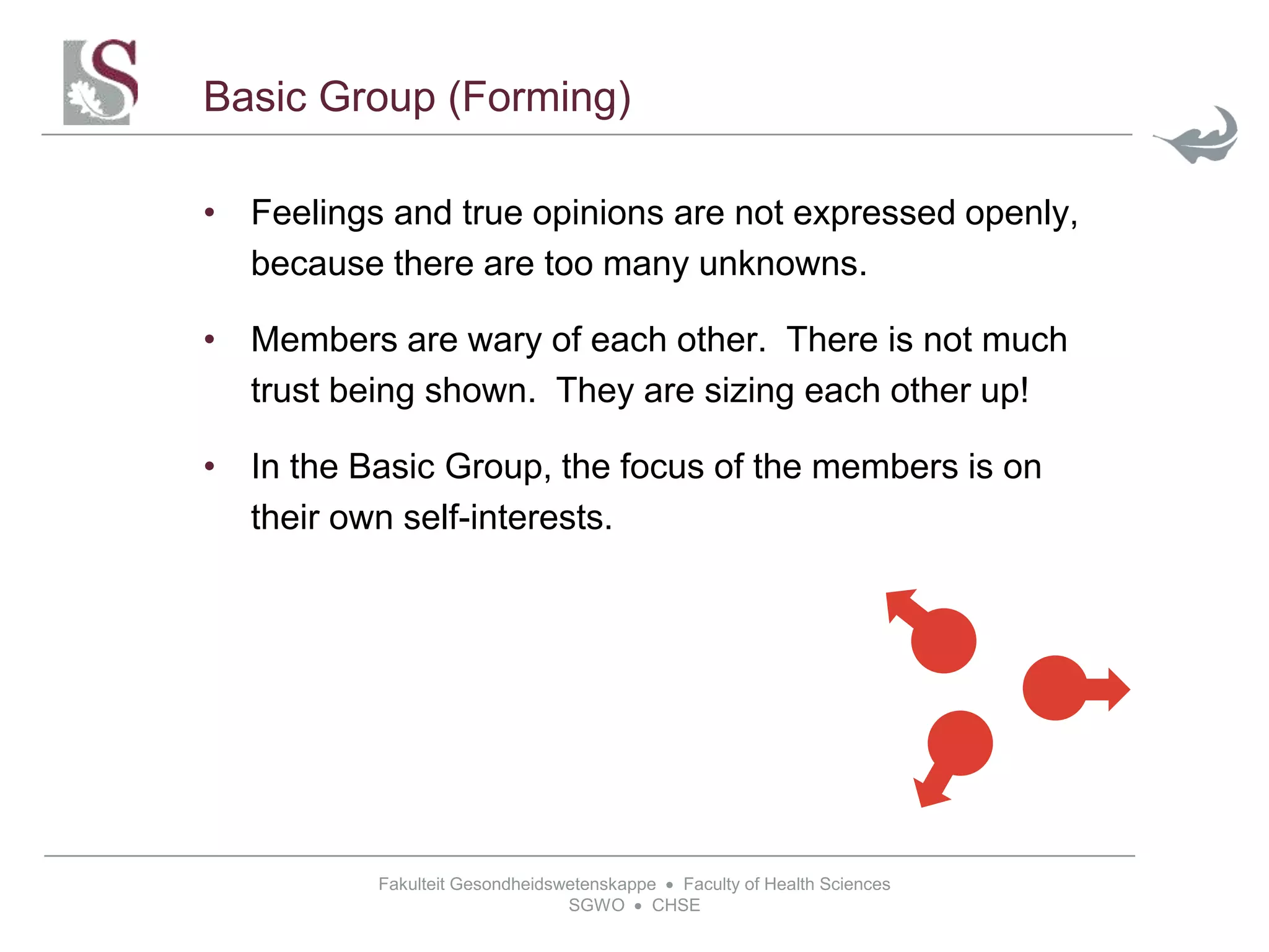 Fakulteit Gesondheidswetenskappe  Faculty of Health Sciences
SGWO  CHSE
Basic Group (Forming)
• Feelings and true opinions are not expressed openly,
because there are too many unknowns.
• Members are wary of each other. There is not much
trust being shown. They are sizing each other up!
• In the Basic Group, the focus of the members is on
their own self-interests.
 