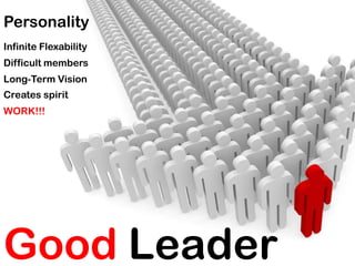 Personality
Infinite Flexability
Difficult members
Long-Term Vision
Creates spirit
WORK!!!




Good Leader
 