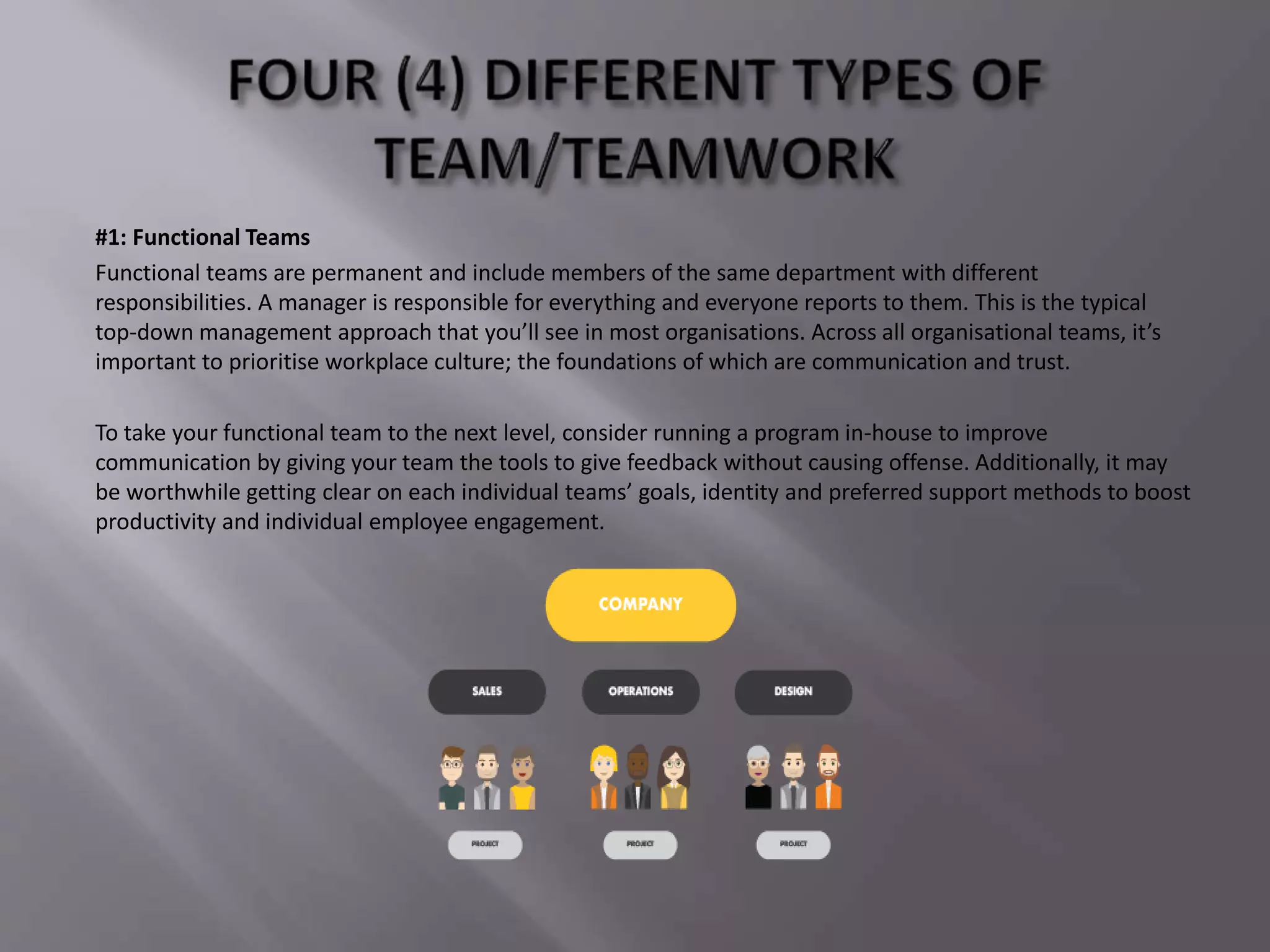 #1: Functional Teams
Functional teams are permanent and include members of the same department with different
responsibilities. A manager is responsible for everything and everyone reports to them. This is the typical
top-down management approach that you’ll see in most organisations. Across all organisational teams, it’s
important to prioritise workplace culture; the foundations of which are communication and trust.
To take your functional team to the next level, consider running a program in-house to improve
communication by giving your team the tools to give feedback without causing offense. Additionally, it may
be worthwhile getting clear on each individual teams’ goals, identity and preferred support methods to boost
productivity and individual employee engagement.
 