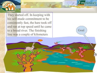 They started off. In keeping with
his self-made commitment to be
consistently fast, the hare took off
and ran at top speed until he came
to a broad river. The finishing        Goal
line was a couple of kilometers
on the other side of the river.
 
