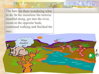 The hare sat there wondering what
to do. In the meantime the tortoise
trundled along, got into the river,
swam to the opposite bank,
continued walking and finished the
race.
What
should I
do?
 