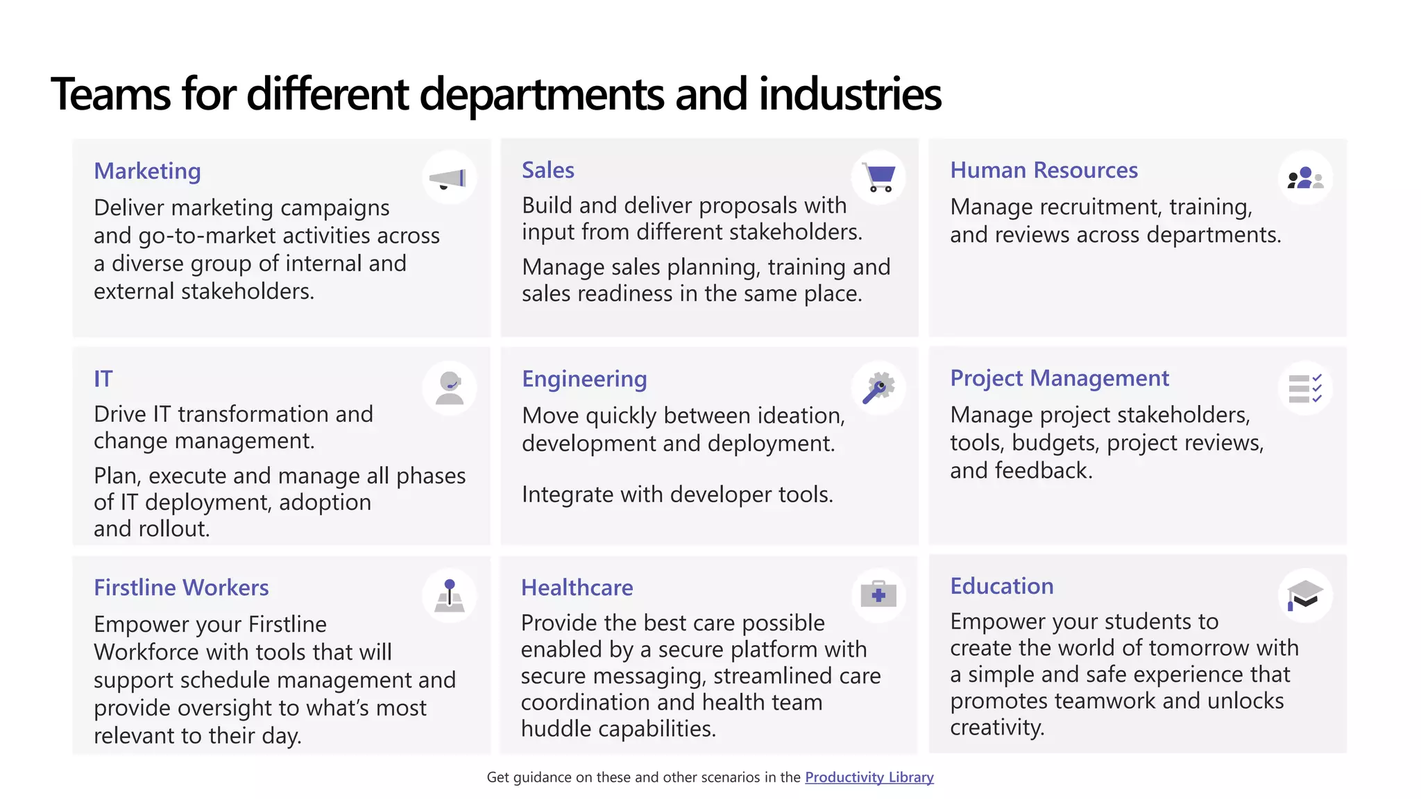Teams for different departments and industries
Marketing
Deliver marketing campaigns
and go-to-market activities across
a diverse group of internal and
external stakeholders.
Sales
Build and deliver proposals with
input from different stakeholders.
Manage sales planning, training and
sales readiness in the same place.
Human Resources
Manage recruitment, training,
and reviews across departments.
IT
Drive IT transformation and
change management.
Plan, execute and manage all phases
of IT deployment, adoption
and rollout.
Engineering
Move quickly between ideation,
development and deployment.
Integrate with developer tools.
Project Management
Manage project stakeholders,
tools, budgets, project reviews,
and feedback.
Firstline Workers
Empower your Firstline
Workforce with tools that will
support schedule management and
provide oversight to what’s most
relevant to their day.
Healthcare
Provide the best care possible
enabled by a secure platform with
secure messaging, streamlined care
coordination and health team
huddle capabilities.
Education
Empower your students to
create the world of tomorrow with
a simple and safe experience that
promotes teamwork and unlocks
creativity.
Get guidance on these and other scenarios in the Productivity Library
 