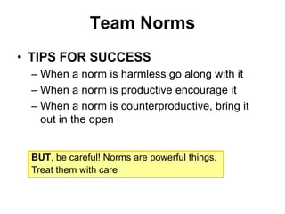 Team Norms
• TIPS FOR SUCCESS
– When a norm is harmless go along with it
– When a norm is productive encourage it
– When a norm is counterproductive, bring it
out in the open
BUT, be careful! Norms are powerful things.
Treat them with care
 