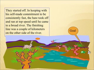 They started off. In keeping with
his self-made commitment to be
consistently fast, the hare took off
and ran at top speed until he came
to a broad river. The finishing
line was a couple of kilometers
on the other side of the river.
Goal
 