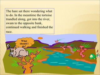 The hare sat there wondering what
to do. In the meantime the tortoise
trundled along, got into the river,
swam to the opposite bank,
continued walking and finished the
race.
What
should I
do?
 