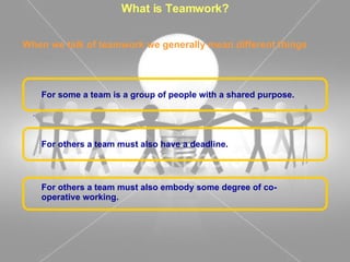 What is Teamwork? .   When we talk of teamwork we generally mean different things For some a team is a group of people with a shared purpose. For others a team must also have a deadline. For others a team must also embody some degree of co-operative working. 