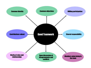 Common identity Willing participation Contributions valued Shared responsibility Good Teamwork Clarity of roles and relationships Members enjoy being in the team Common objectives Open discussion of disagreements and conflicts 