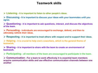 Teamwork skills Listening  - it is important to listen to other people's ideas. Discussing  - It is important to discuss your ideas with your teammates until you agree. Questioning  - it is important to ask questions, interact, and discuss the objectives of the team. Persuading  - individuals are encouraged to exchange, defend, and then to ultimately rethink their ideas. Respecting  - it is important to treat others with respect and to support their ideas. Helping  - it is crucial to help one's coworkers, which is the general theme of teamwork. Sharing  - it is important to share with the team to create an environment of teamwork. Participating  - all members of the team are encouraged to participate in the team. Communication  - For a team to work effectively it is essential team members acquire communication skills and use effective communication channels between one another 