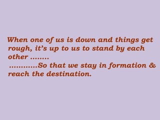 When one of us is down and things get rough, it’s up to us to stand by each other …….. ………… So that we stay in formation & reach the destination. 