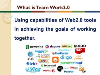 What is Team Work2.0
Using capabilities of Web2.0 tools
in achieving the goals of working

together.

 