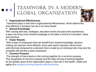 Teamwork in a modern
Global orGanizaTion
 Organizational Effectiveness
Teamwork plays a vital role in organizational effectiveness, which determines
how effective a company can be in its many facets.
 Shared Knowledge
With varying skill sets, strategies, education levels and past work experiences,
a team can bring more shared knowledge to the table in terms of innovation, ideas
and solutions.
 Faster Results
With a team of employees that can benefit from shared knowledge, decision
making can become more efficient, since each team’s decision will be more
well-informed compared to a decision that is made by an individual who may lack the
complete skill set that a team possesses.
 Common Purpose
The strength of many teams is the coming together for a common purpose.
This recognition of common purpose and the daily striving of working together
for the greater good of the organization plays a vital role in the health, vitality and
agility of a company striving towards well-functioning.
 
