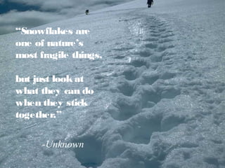 “Snowflakes are
one of nature’s
most fragile things,
but just look at
what they can do
when they stick
together.”
-Unknown
 