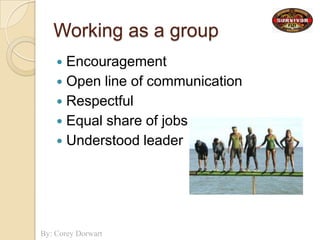 Working as a groupEncouragementOpen line of communicationRespectfulEqual share of jobsUnderstood leader