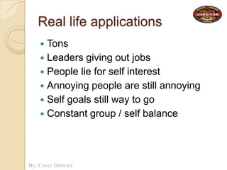 Real life applicationsTonsLeaders giving out jobsPeople lie for self interestAnnoying people are still annoyingSelf goals still way to goConstant group / self balance