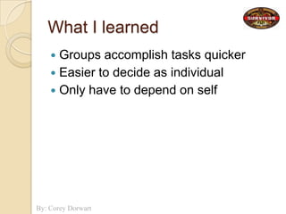 What I learnedGroups accomplish tasks quickerEasier to decide as individualOnly have to depend on self