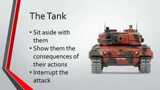 TheTank
• Sit aside with
them
• Show them the
consequences of
their actions
• Interrupt the
attack
 