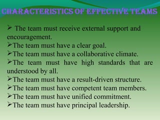  The team must receive external support and
encouragement.
The team must have a clear goal.
The team must have a collaborative climate.
The team must have high standards that are
understood by all.
The team must have a result-driven structure.
The team must have competent team members.
The team must have unified commitment.
The team must have principal leadership.
 