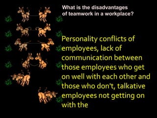 What is the disadvantages
of teamwork in a workplace?
Personality conflicts of
employees, lack of
communication between
those employees who get
on well with each other and
those who don't, talkative
employees not getting on
with the
 