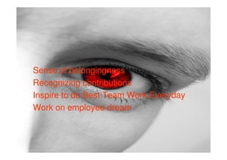 Sense of belongingness
Recognizing contributions
Inspire to do Best Team Work Everyday
Work on employee dream
 