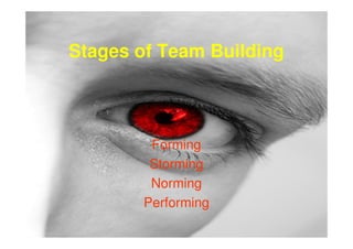 Stages of Team Building



         Forming
         Storming
         Norming
        Performing
 