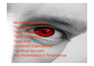 Mutual Responsibility
Team Size
Team Purpose
Team Leadership
Team Role
Unrealistic Expectations
Too Much too soon
Non Performance X Performance
 