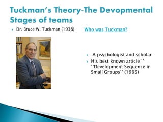  Dr. Bruce W. Tuckman (1938) Who was Tuckman?
 A psychologist and scholar
 His best known article ‘’
‘’Development Sequence in
Small Groups’’ (1965)
 