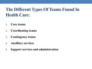 The Different Types Of Teams Found In
Health Care:
1. Core teams
2. Coordinating teams
3. Contingency teams
4. Ancillary services
5. Support services and administration
 