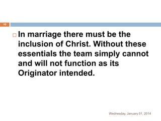 10



In marriage there must be the
inclusion of Christ. Without these
essentials the team simply cannot
and will not function as its
Originator intended.

Wednesday, January 01, 2014

 