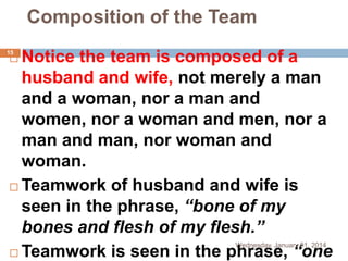 Composition of the Team
Notice the team is composed of a
husband and wife, not merely a man
and a woman, nor a man and
women, nor a woman and men, nor a
man and man, nor woman and
woman.
 Teamwork of husband and wife is
seen in the phrase, “bone of my
bones and flesh of my flesh.”
 Teamwork is seen in the phrase, “one

15



Wednesday, January 01, 2014

 