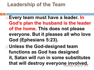 Leadership of the Team
32

Every team must have a leader. In
God’s plan the husband is the leader
of the home. This does not please
everyone. But it pleases all who love
God (Ephesians 5:23).
 Unless the God-designed team
functions as God has designed
it, Satan will run in some substitutes
that will destroy everyone involved.


Wednesday, January 01, 2014

 