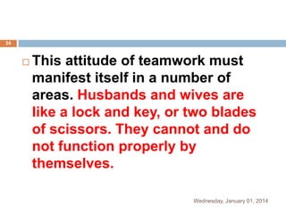 24



This attitude of teamwork must
manifest itself in a number of
areas. Husbands and wives are
like a lock and key, or two blades
of scissors. They cannot and do
not function properly by
themselves.
Wednesday, January 01, 2014

 