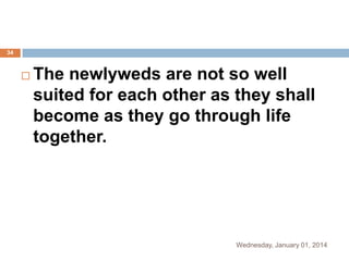 34



The newlyweds are not so well
suited for each other as they shall
become as they go through life
together.

Wednesday, January 01, 2014

 