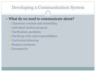 Developing a Communication System
23
 What do we need to communicate about?
 Classroom routines and scheduling
 Individual student progress
 Clarification questions
 Clarifying roles and responsibilities
 Curriculum planning
 Request assistance
 Emergencies
 