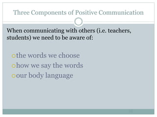 Three Components of Positive Communication
25
When communicating with others (i.e. teachers,
students) we need to be aware of:
the words we choose
how we say the words
our body language
 