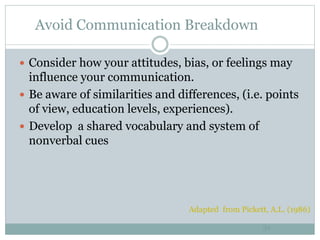 Avoid Communication Breakdown
32
 Consider how your attitudes, bias, or feelings may
influence your communication.
 Be aware of similarities and differences, (i.e. points
of view, education levels, experiences).
 Develop a shared vocabulary and system of
nonverbal cues
Adapted from Pickett, A.L. (1986)
 