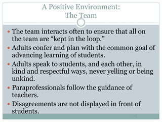 A Positive Environment:
The Team
44
 The team interacts often to ensure that all on
the team are “kept in the loop.”
 Adults confer and plan with the common goal of
advancing learning of students.
 Adults speak to students, and each other, in
kind and respectful ways, never yelling or being
unkind.
 Paraprofessionals follow the guidance of
teachers.
 Disagreements are not displayed in front of
students.
 