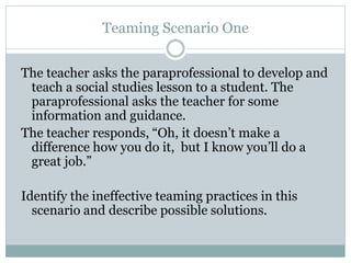Teaming Scenario One
The teacher asks the paraprofessional to develop and
teach a social studies lesson to a student. The
paraprofessional asks the teacher for some
information and guidance.
The teacher responds, “Oh, it doesn’t make a
difference how you do it, but I know you’ll do a
great job.”
Identify the ineffective teaming practices in this
scenario and describe possible solutions.
 