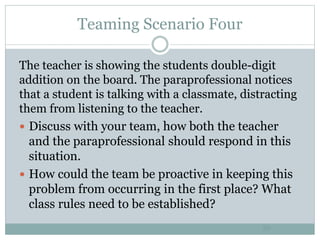Teaming Scenario Four
50
The teacher is showing the students double-digit
addition on the board. The paraprofessional notices
that a student is talking with a classmate, distracting
them from listening to the teacher.
 Discuss with your team, how both the teacher
and the paraprofessional should respond in this
situation.
 How could the team be proactive in keeping this
problem from occurring in the first place? What
class rules need to be established?
 
