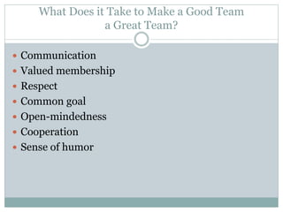 What Does it Take to Make a Good Team
a Great Team?
 Communication
 Valued membership
 Respect
 Common goal
 Open-mindedness
 Cooperation
 Sense of humor
 