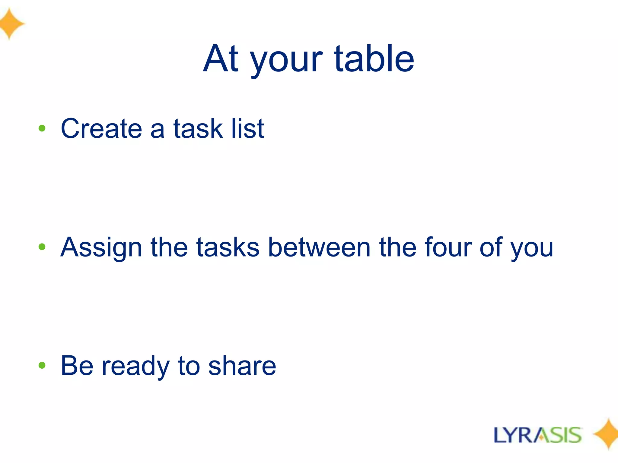 At your tableCreate a task listAssign the tasks between the four of youBe ready to share
