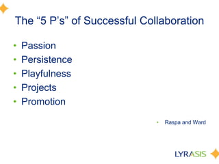 The “5 P’s” of Successful CollaborationPassionPersistence PlayfulnessProjectsPromotion Raspa and Ward