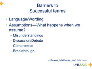 Barriers to Successful teamsLanguage/Wording Assumptions—What happens when we assume? MisunderstandingsDiscussion/DebateCompromise Breakthrough! Scales, Matthews, and Johnson